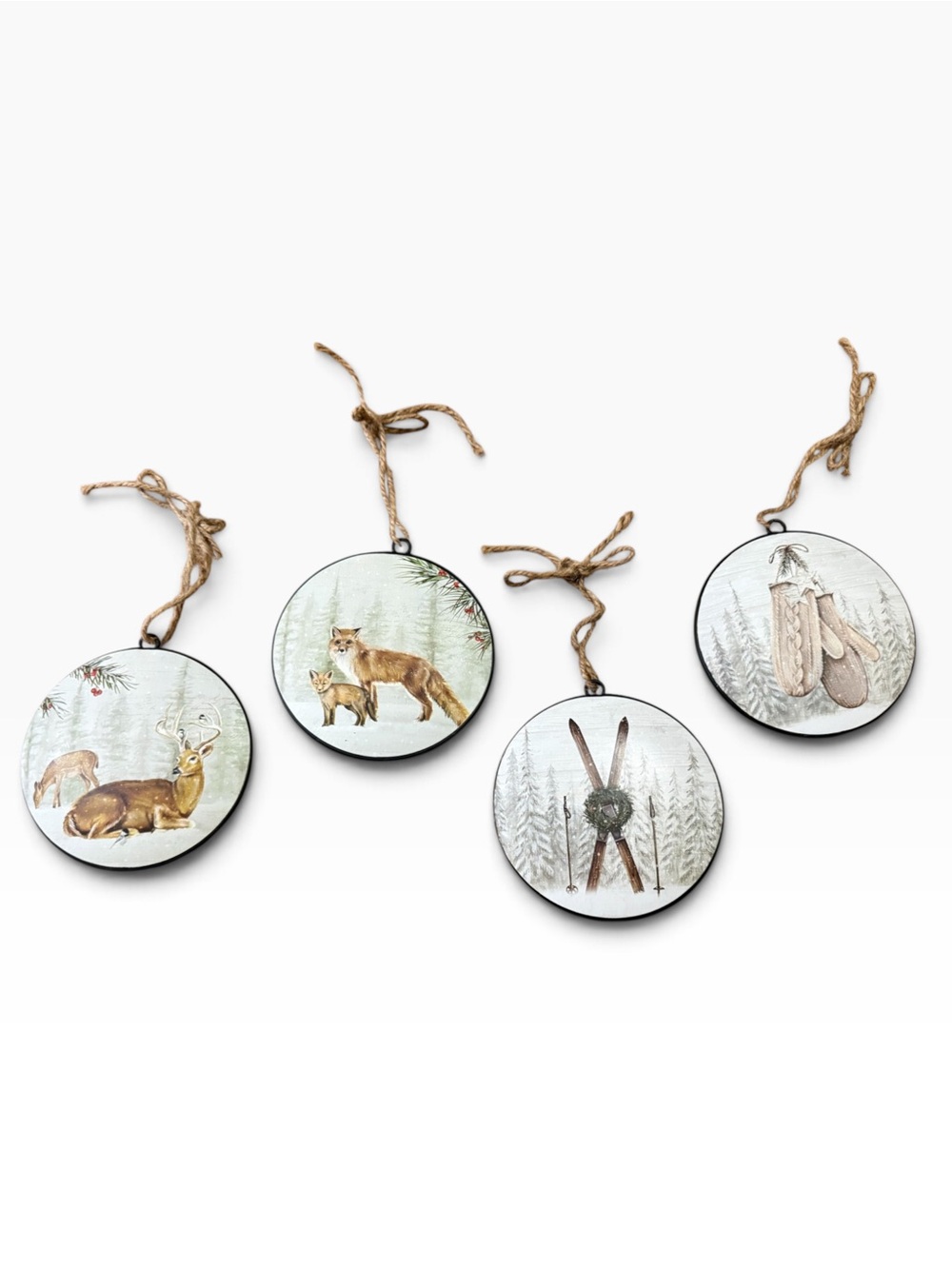 Rustic Woodland Round Winter Christmas Ornaments - Set of 4 - NWOT